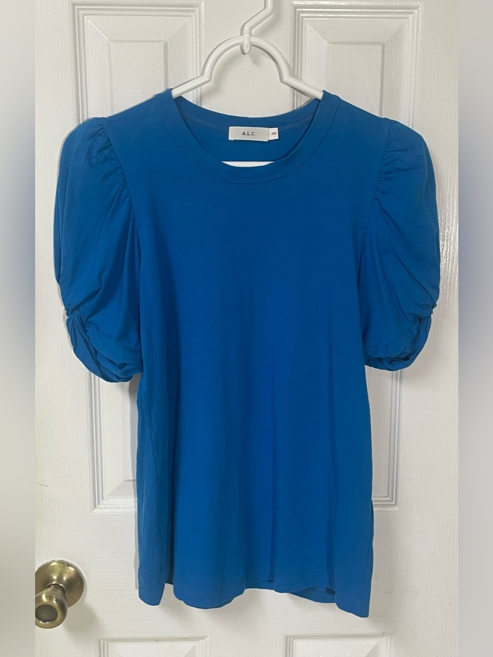 A.L.C. Top Shirt Tshirt XSmall XS Puff-Sleeve Crew Neck Blue Cotton Feminine - Picture 2 of 9